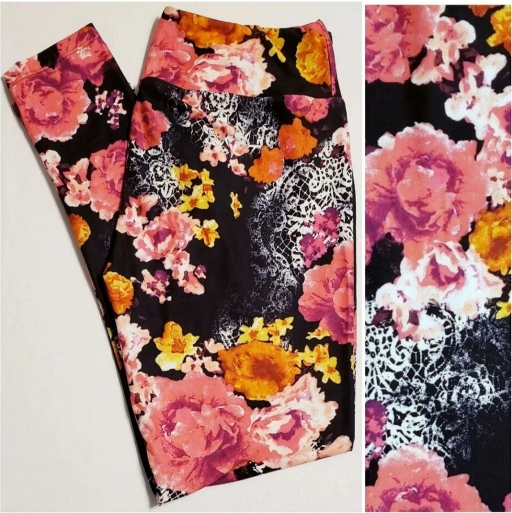NWT OS Cottagecore Black Lace Pink Orange Roses Floral CP Leggings Goth Boho